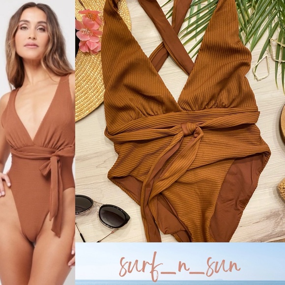 L*Space Brown Allegra Plunge Tie Ribbed Classy One Piece Swimsuit in Coffee - Picture 2 of 15
